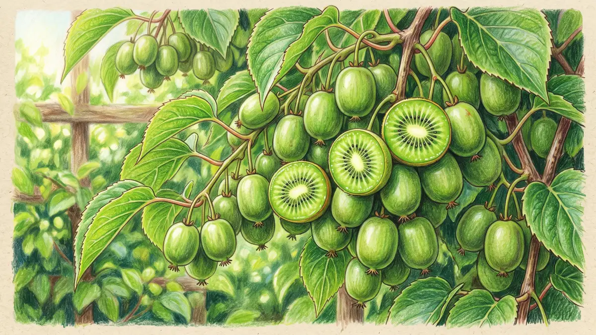 Close-up of clusters of ripe hardy kiwi berries (Actinidia arguta) on the vine, smooth green grape-sized fruit among heart-shaped leaves, one cut open to show green flesh