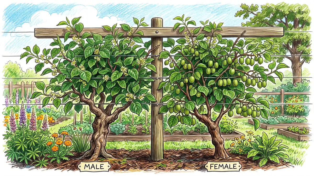A hardy kiwi vine trained on a strong horizontal T-bar trellis with a thick woody trunk, two plants side by side representing a male pollinator and a fruiting female