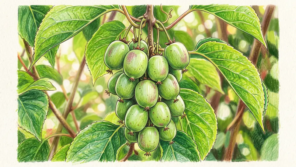 Extreme close-up of a single hanging cluster of hardy kiwi berries with smooth green skin and a faint blush among fresh green leaves