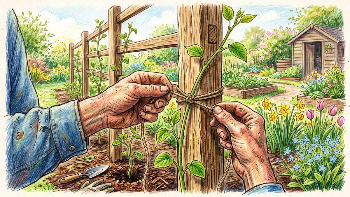 A gardener's hands tying a young hardy kiwi vine onto a sturdy wooden trellis post with soft twine, training the whip upward