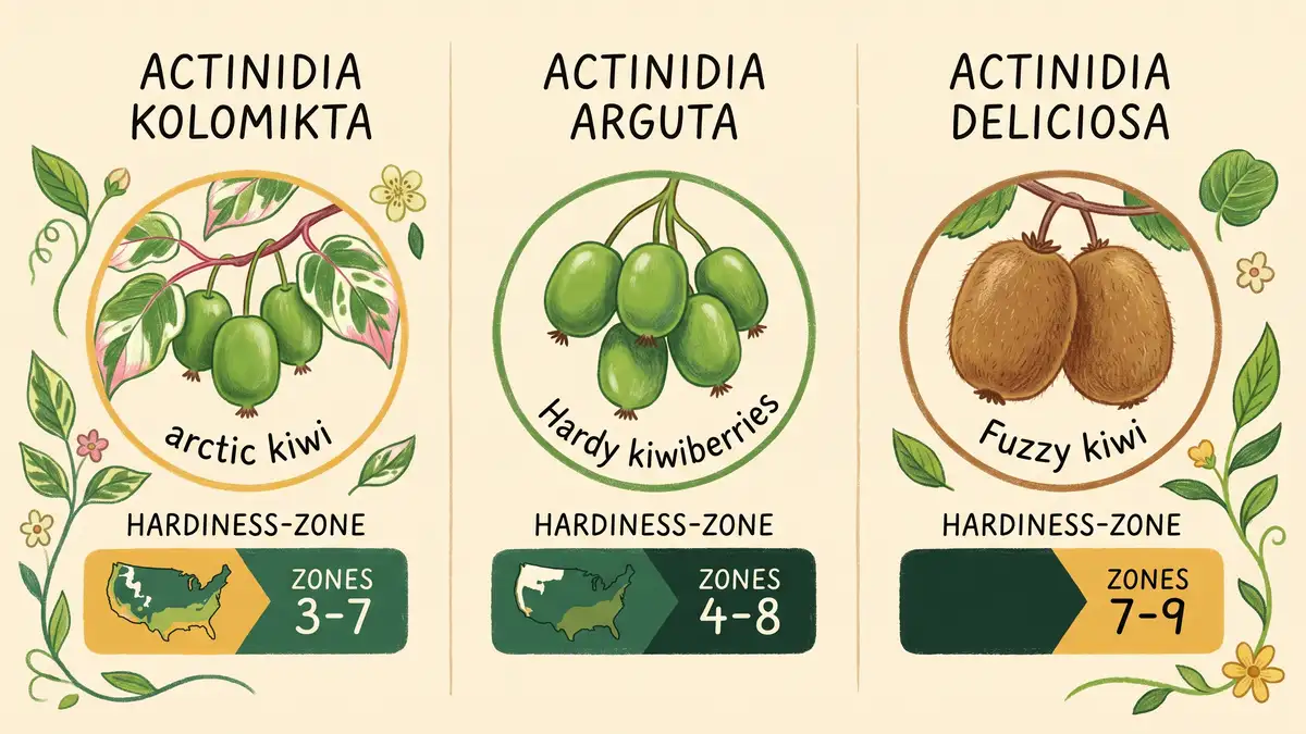 Infographic comparing three hardy kiwi species: Actinidia kolomikta arctic kiwi, Actinidia arguta hardy kiwiberry, and Actinidia deliciosa fuzzy kiwi, with hardiness zone bands