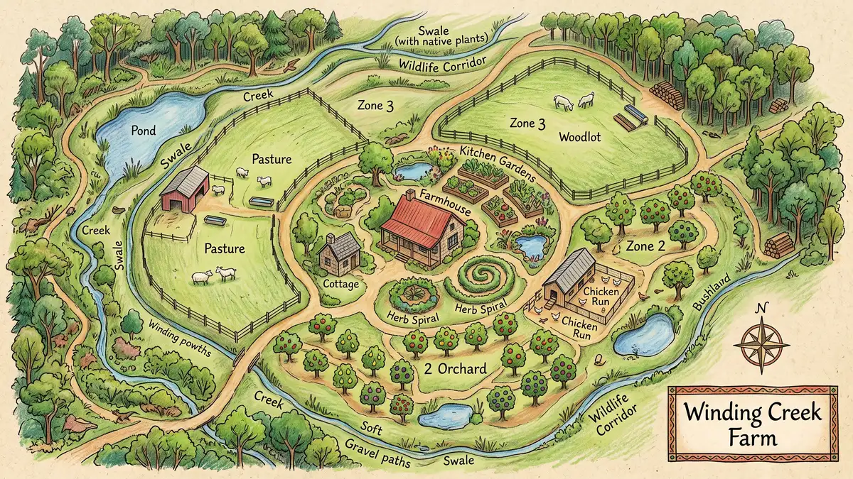 Hand-drawn overhead map of a permaculture homestead with concentric zones from kitchen garden through orchard and pasture out to wild bushland