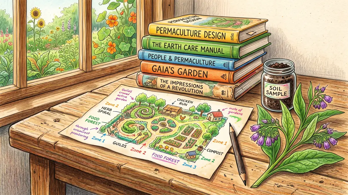 Stack of well-worn permaculture books on a wooden workbench beside a hand-drawn garden design sketch, pencil and soil sample jar