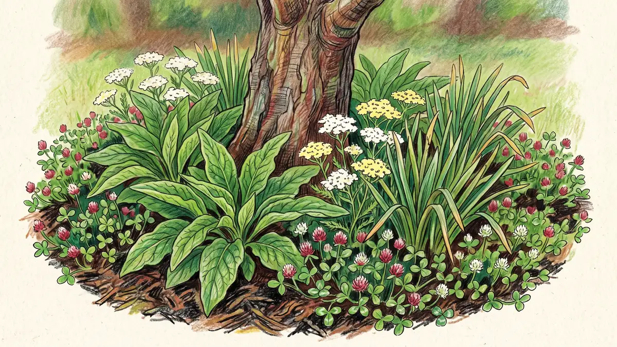 Illustration of a mature apple tree guild with comfrey, yarrow, daffodil foliage and clover groundcover ringing the trunk in deep mulch