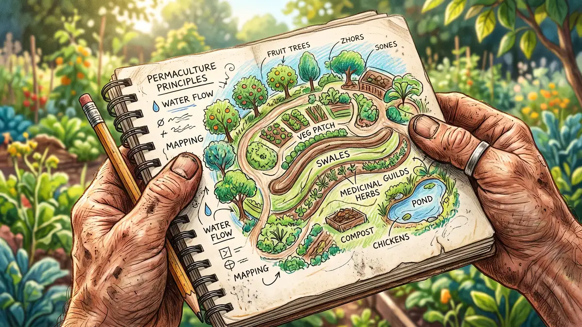 Weathered hands holding an open permaculture design notebook with a sketched garden layout, contour lines and plant symbols