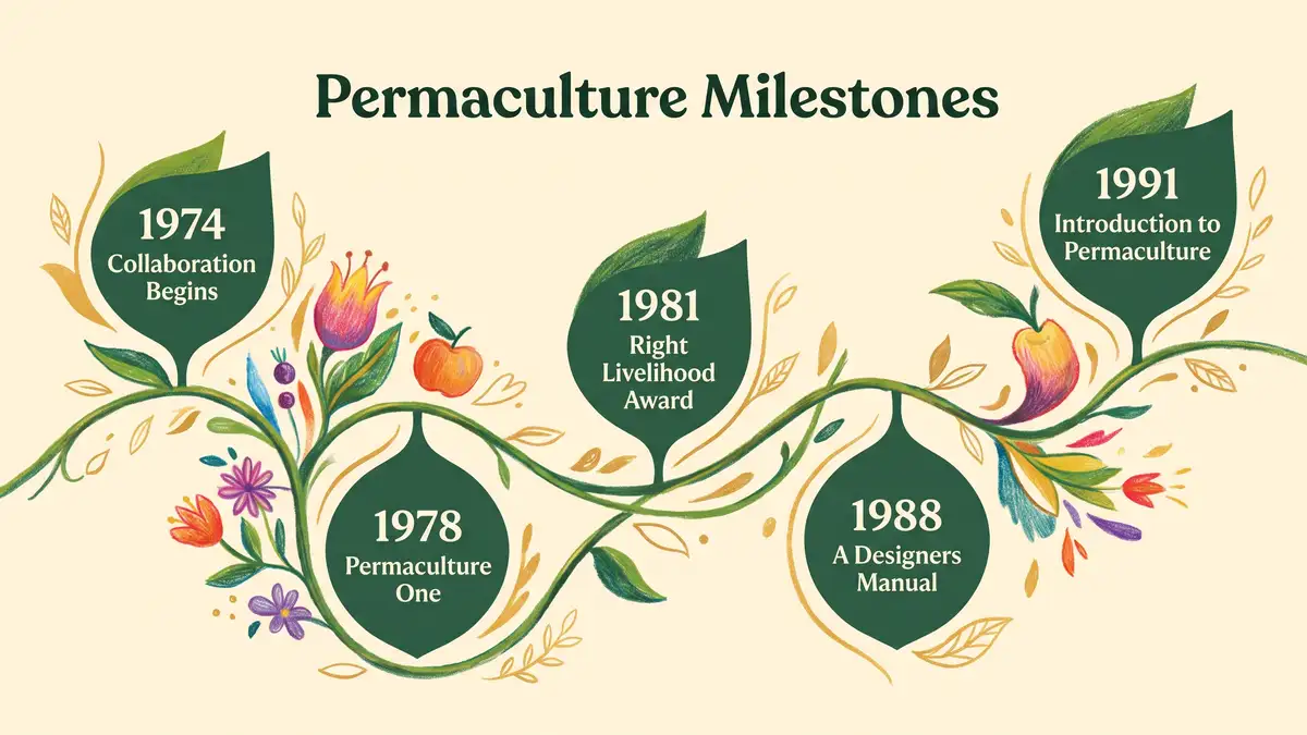Illustrated timeline infographic showing five permaculture milestones from the 1974 collaboration through the 1991 Introduction to Permaculture publication