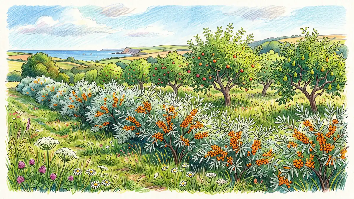 A windbreak hedgerow of silver-leaved sea buckthorn shrubs along the edge of a food forest with apple and pear trees behind