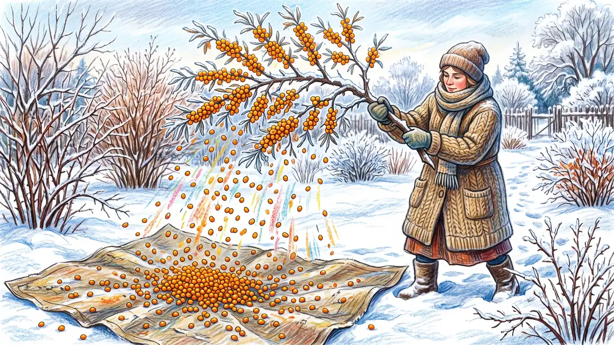 Harvesting sea buckthorn by shaking a frozen berry-laden branch over a canvas sheet spread on snowy ground