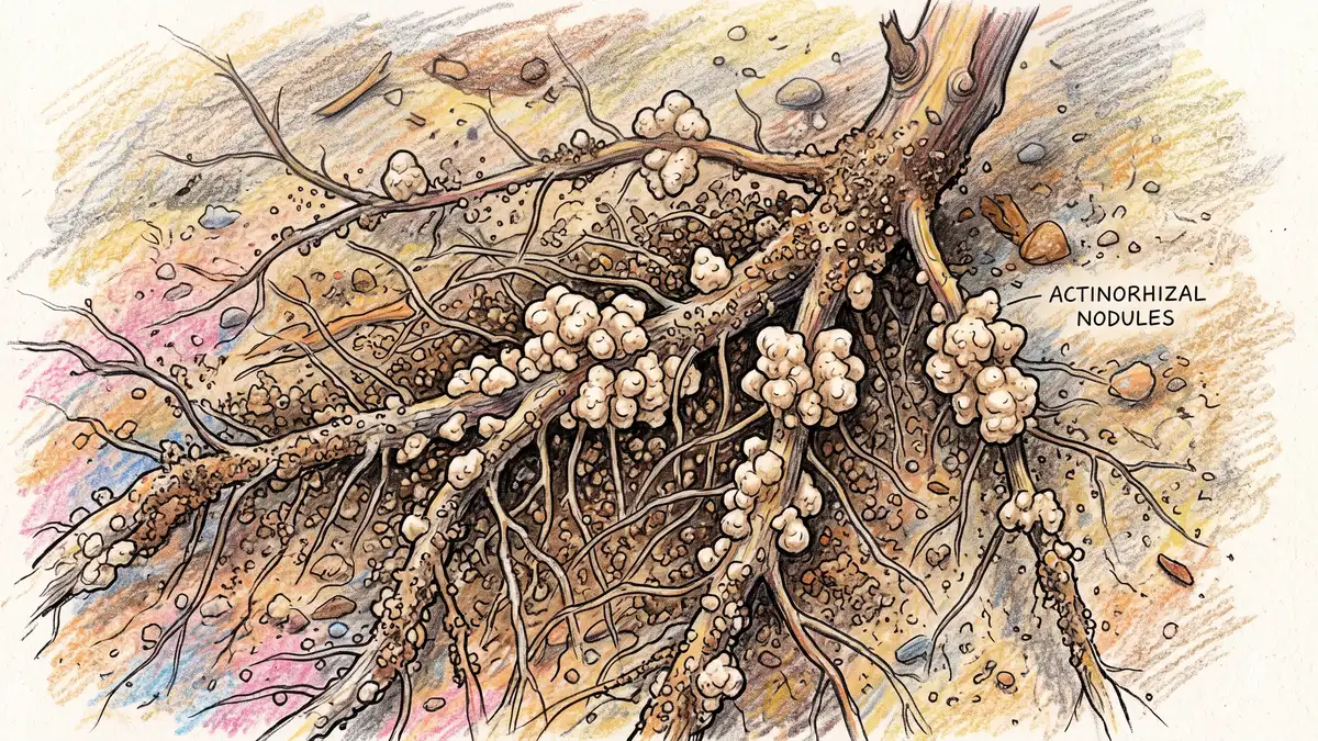 Botanical close-up of sea buckthorn roots in sandy soil showing pale knobbly actinorhizal nodule clusters formed with Frankia bacteria