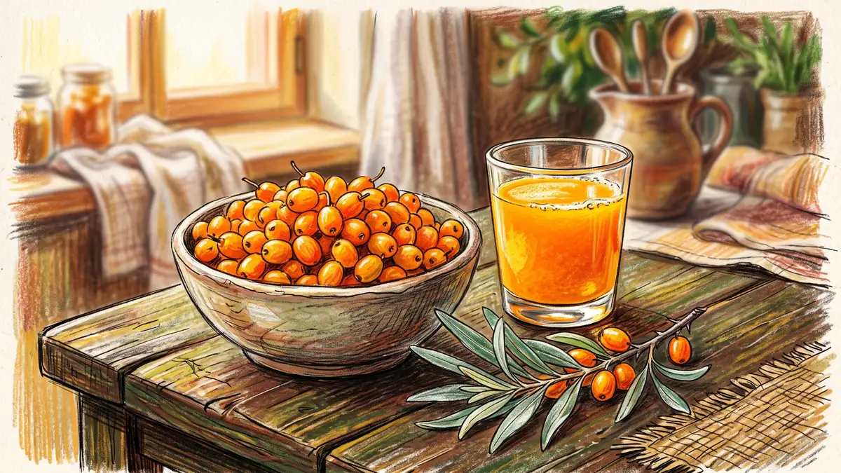 A bowl of freshly harvested bright orange sea buckthorn berries beside a glass of vivid orange juice on a rustic wooden table