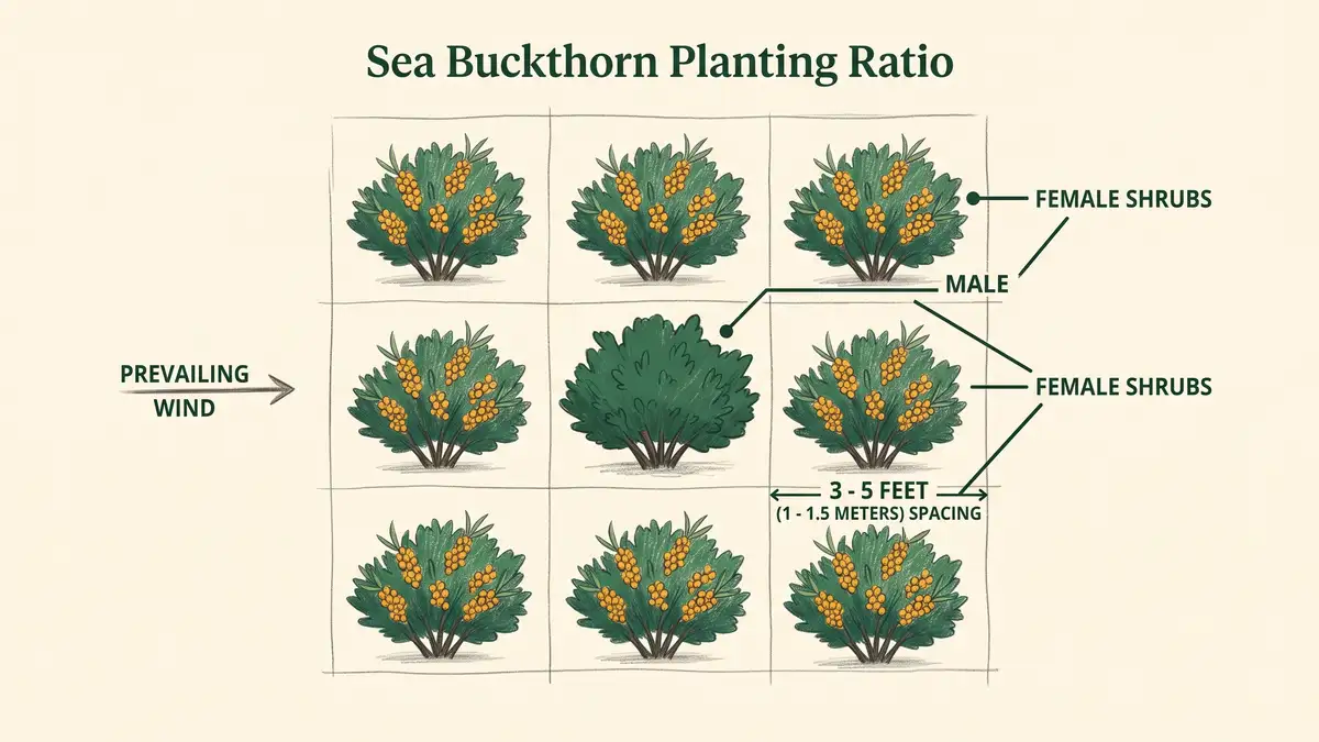 Illustrated planting diagram showing one male sea buckthorn shrub positioned upwind of seven female shrubs with spacing and prevailing wind direction
