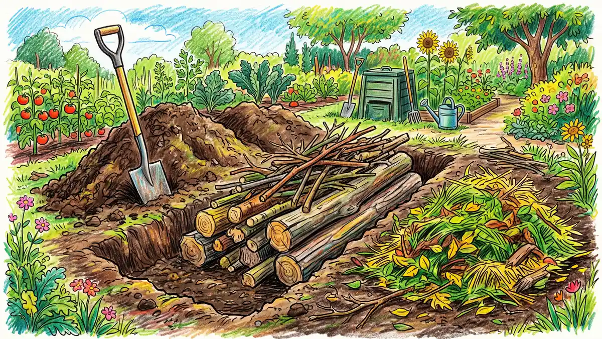 A hugelkultur bed under construction showing an excavated trench filled with a core of thick logs and smaller branches stacked on top