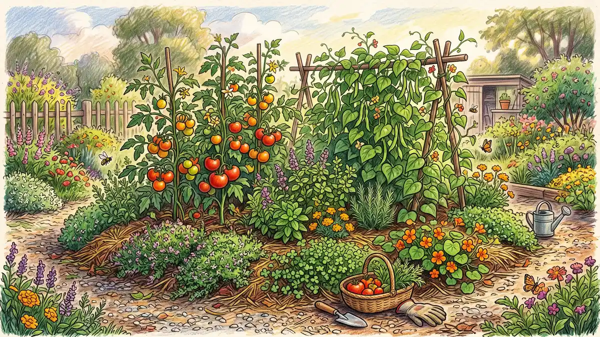 A three-year-old settled hugelkultur bed densely planted with tomatoes, beans and herbs in late summer abundance
