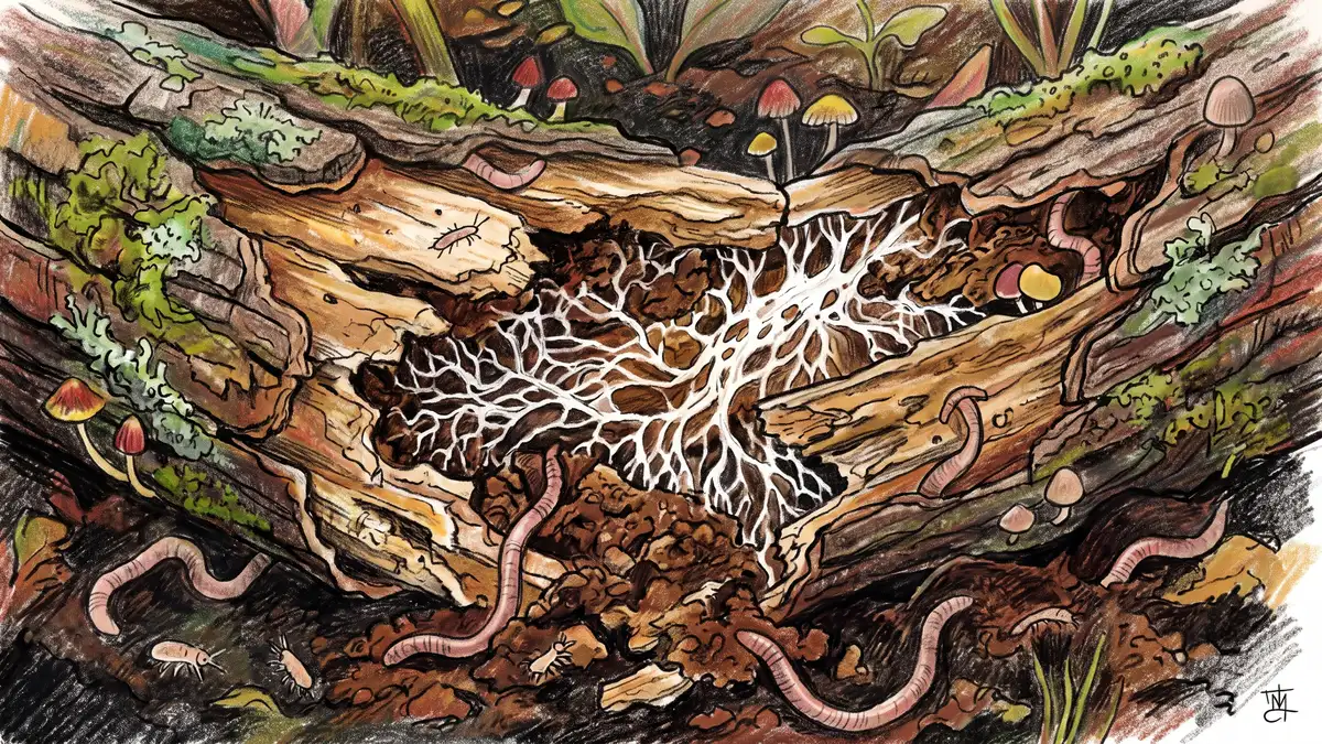 Close-up of a partly rotted hardwood log broken open in dark soil showing white fungal mycelium threads running through decaying wood