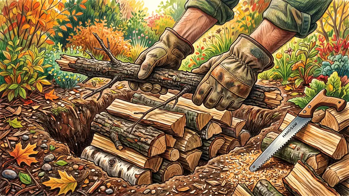 A gardener's gloved hands laying a thick maple branch onto a stack of logs in a garden trench beside a pruning saw