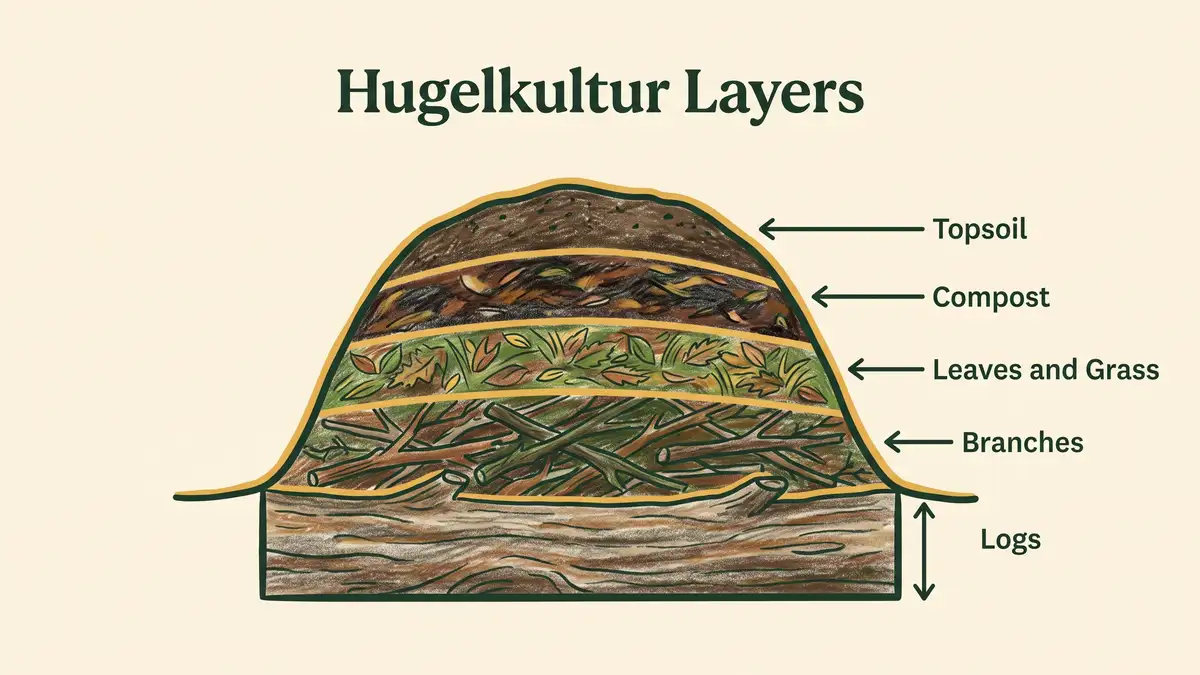 Illustrated cross-section diagram of hugelkultur layers showing logs, branches, leaves and grass, compost and topsoil stacked bottom to top