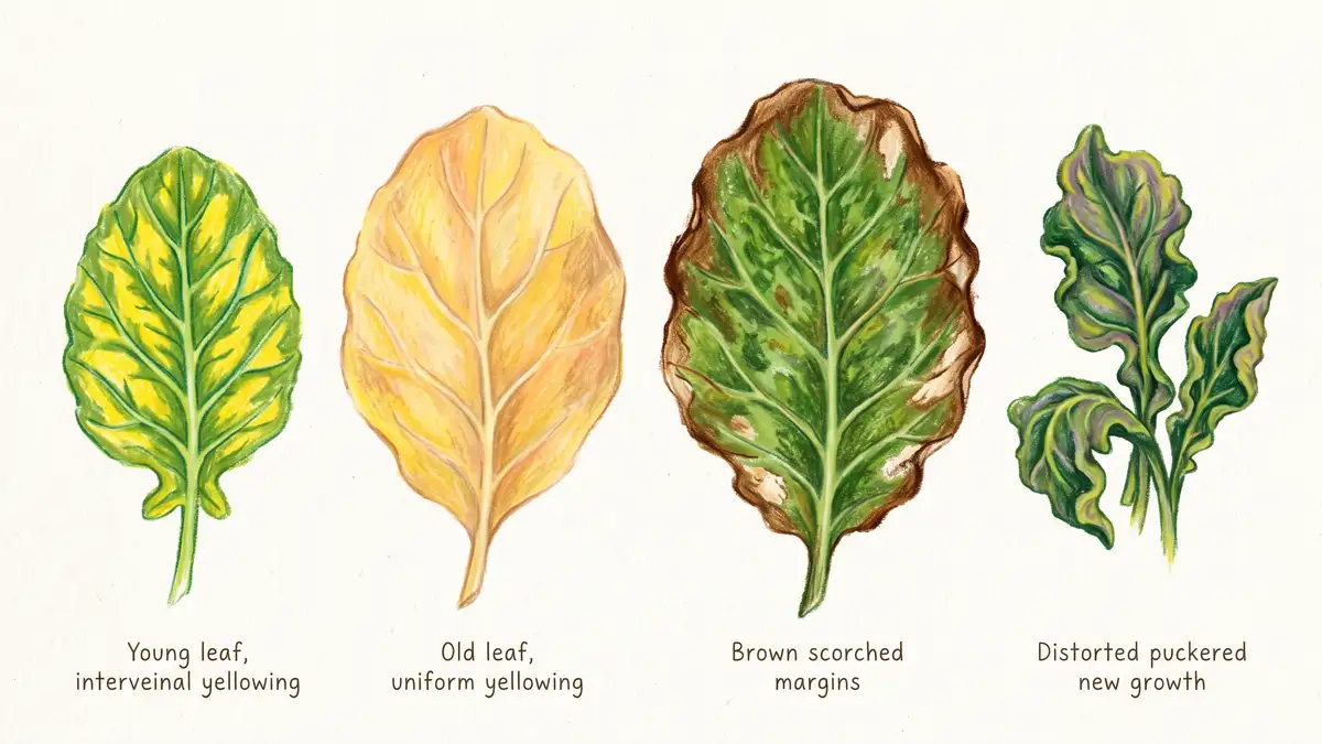 Four vegetable leaves side by side showing interveinal yellowing, uniform yellowing, scorched margins and distorted puckered new growth
