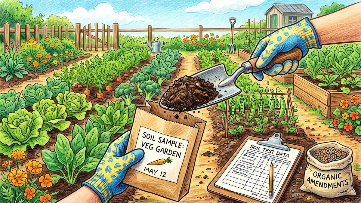 Taking a soil test in a vegetable garden with a trowel lifting a core of dark soil into a labelled paper sample bag