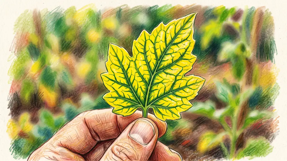 Close-up of a young vegetable leaf showing interveinal chlorosis with bright yellow tissue between a network of still-green veins