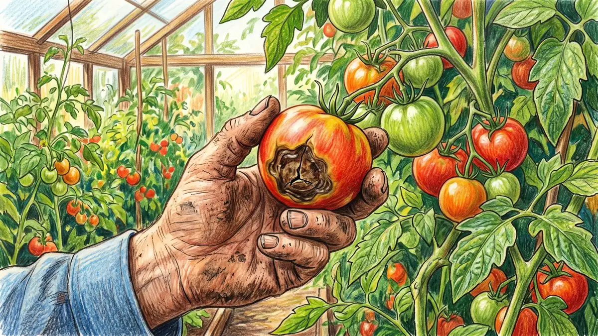 A ripening tomato held in a gardener's hand showing a dark sunken leathery patch of blossom end rot on the fruit base