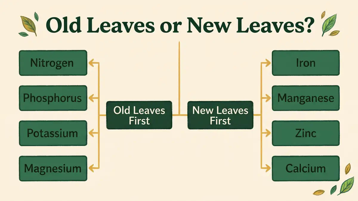 Diagnostic flowchart showing old leaves first pointing to nitrogen, phosphorus, potassium and magnesium, and new leaves first pointing to iron, manganese, zinc and calcium