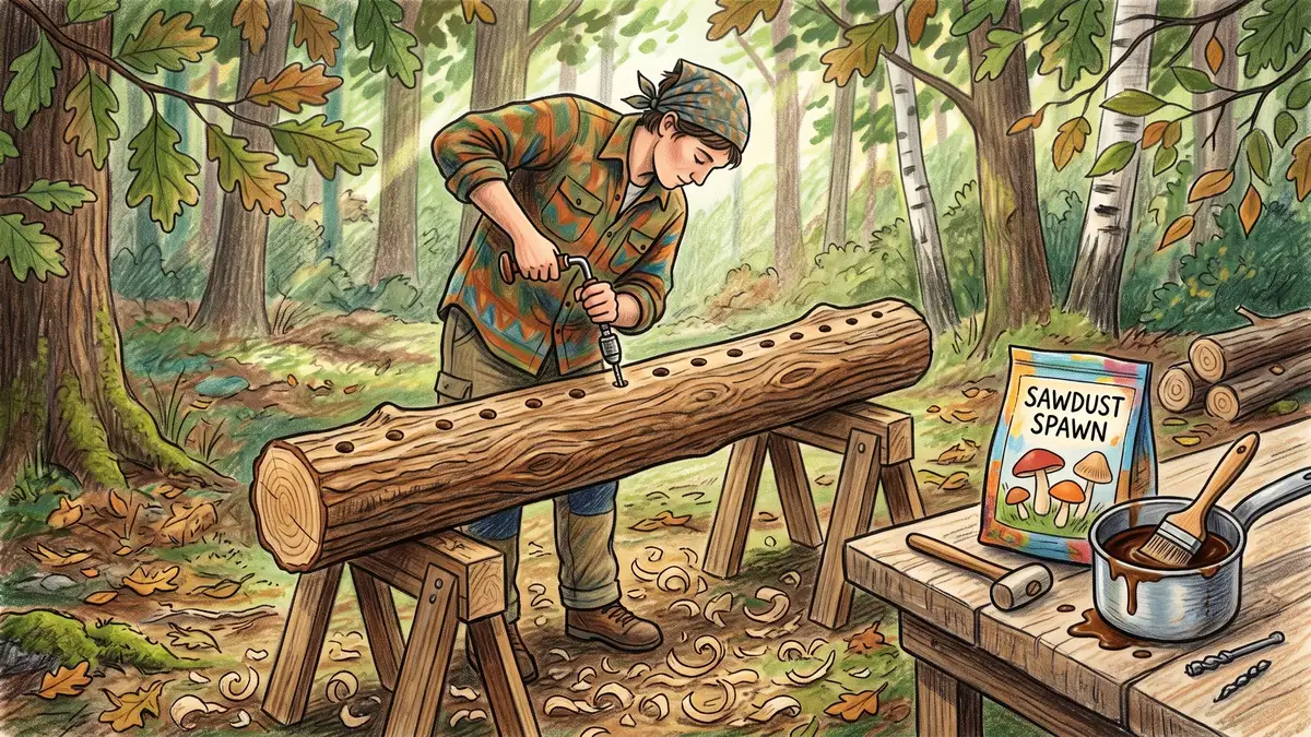 A person drilling evenly spaced holes into a freshly cut oak log on sawhorses beside sawdust spawn and a pot of melted sealing wax