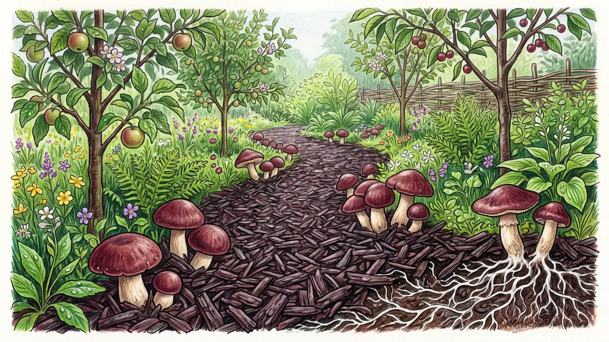 A deep hardwood wood chip bed under young fruit trees with large burgundy-capped wine cap mushrooms emerging through the chips
