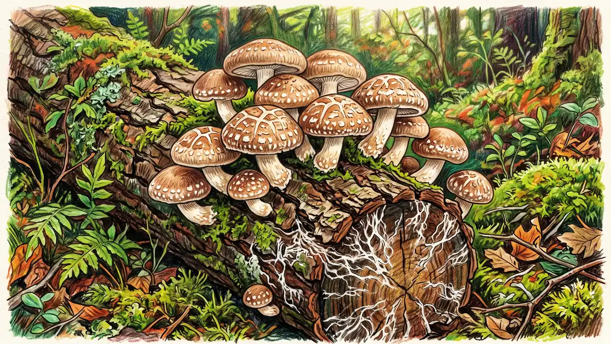 Close-up of brown shiitake mushrooms with cracked tan caps fruiting from the bark of an inoculated oak log with visible white mycelium