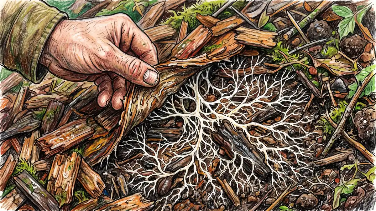 A hand pulling back damp wood chips to reveal a dense white network of fungal mycelium threading through the decaying wood beneath