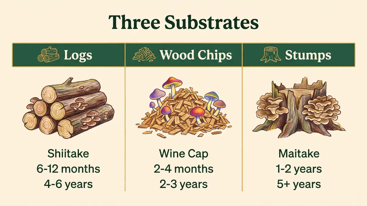 Comparison chart of three mushroom substrates showing logs with shiitake, wood chips with wine cap, and stumps with maitake alongside their timelines