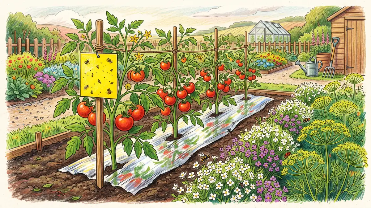 A vegetable bed with tomatoes, a yellow sticky trap on a stake, silver reflective mulch along the soil and a border of flowering alyssum and dill