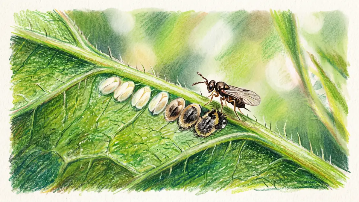 A parasitoid wasp on a leaf underside beside pale whitefly nymph scales several of which have turned dark after parasitism