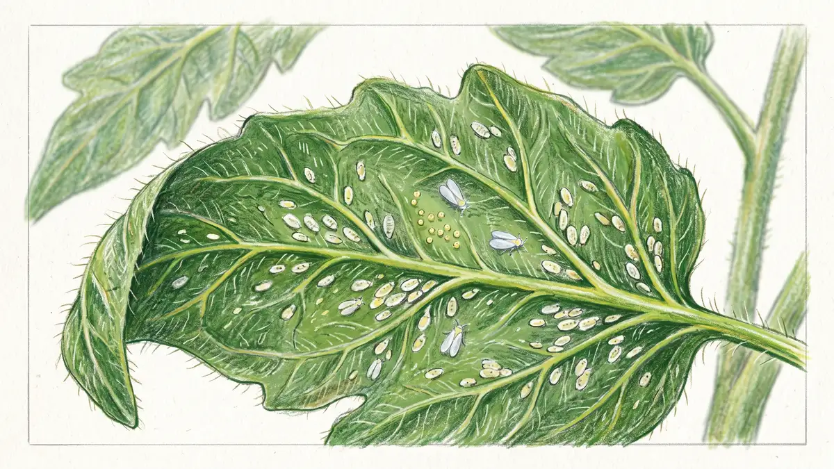 Botanical close-up of the underside of a tomato leaf covered with tiny oval whitefly nymph scales and small clusters of eggs
