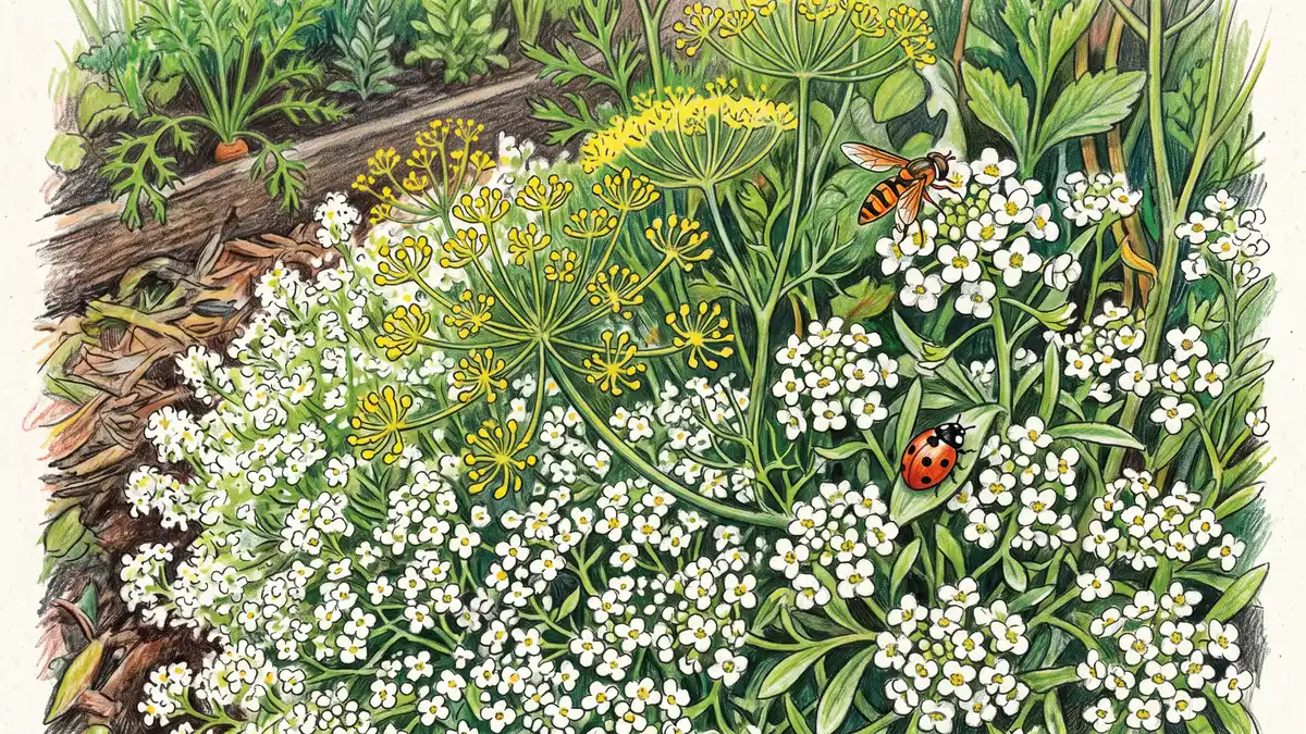 Tiny white sweet alyssum flowers and yellow dill umbels at the edge of a vegetable bed with a hoverfly and a ladybird among the blooms