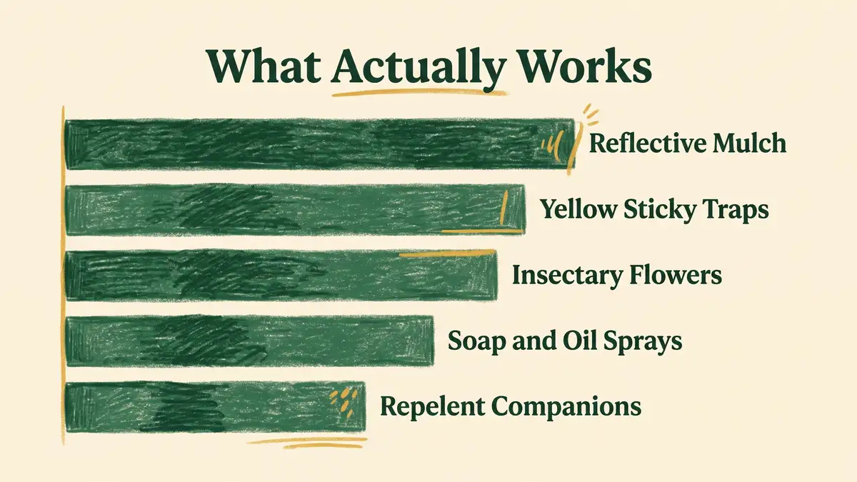 Ranking chart of whitefly tactics by evidence strength showing reflective mulch, sticky traps, insectary flowers, soap sprays and repellent companions
