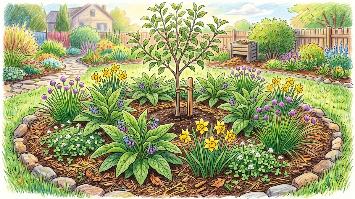 Pencil illustration of a backyard plant guild around a young apple tree ringed by comfrey, chives, clover, and bulbs in a mulched bed