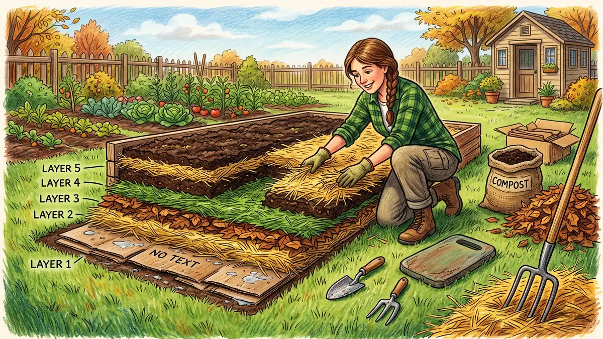 Pencil illustration of a sheet-mulched lasagna garden bed showing stacked layers of cardboard, straw, autumn leaves, grass clippings, and compost