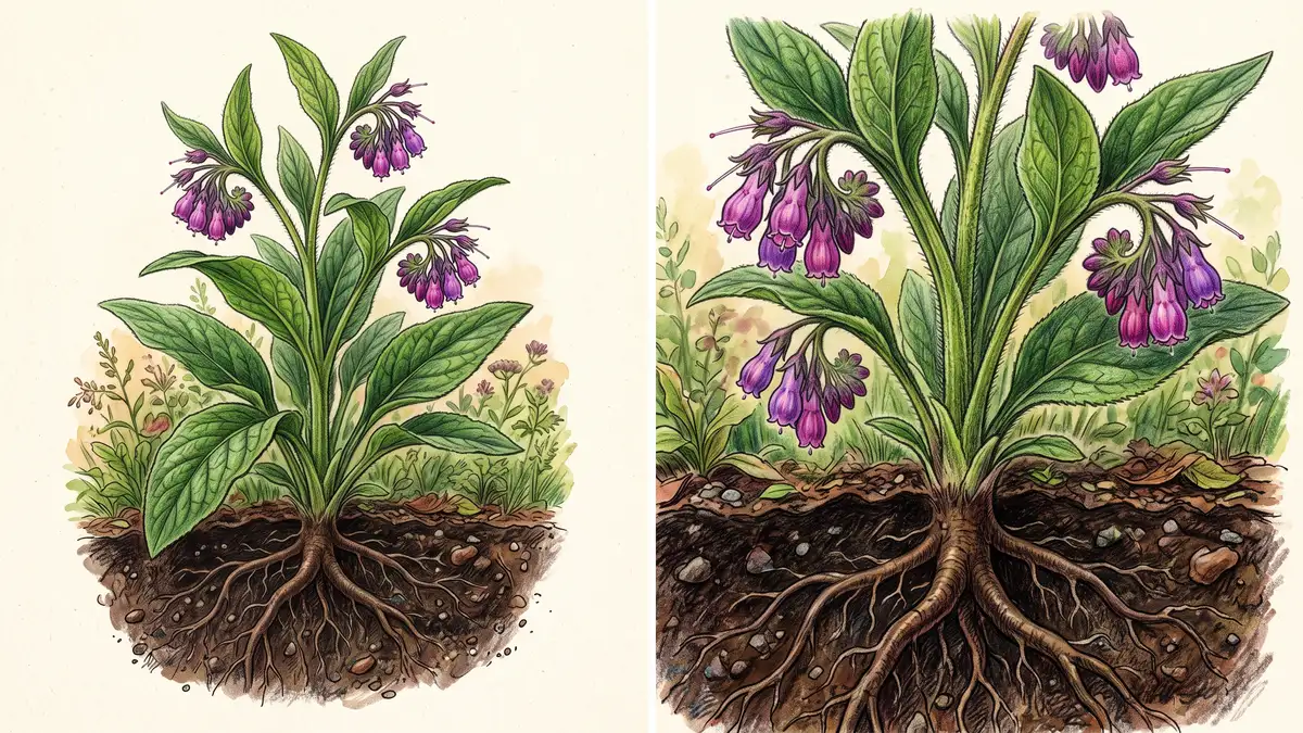 Pencil illustration of a comfrey plant with large fuzzy leaves, purple bell flowers, and a deep taproot reaching into dark soil