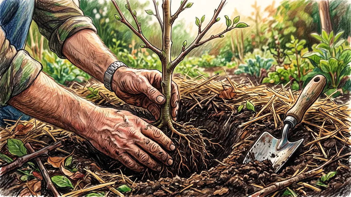 Pencil illustration of a gardener's hands settling a young bare-root fruit tree seedling into a mulched planting hole with a trowel nearby