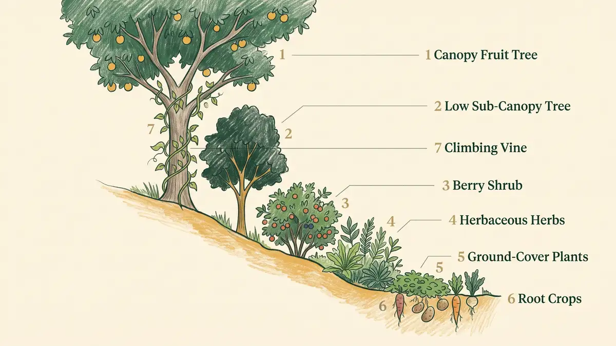 Diagram of the seven layers of a food forest from canopy tree and sub-canopy down to shrubs, herbs, ground cover, roots, and climbing vines