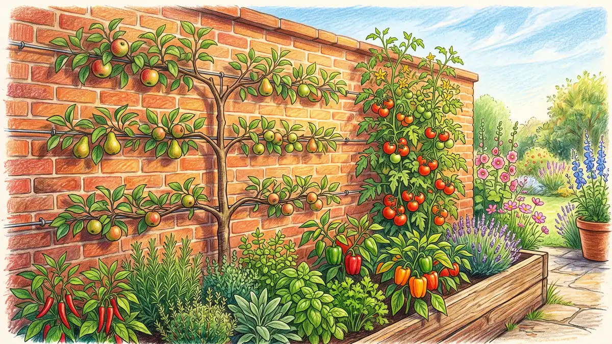 Pencil illustration of a warm south-facing brick garden wall in full sun with espaliered fruit and tomatoes trained against it and herbs at its base