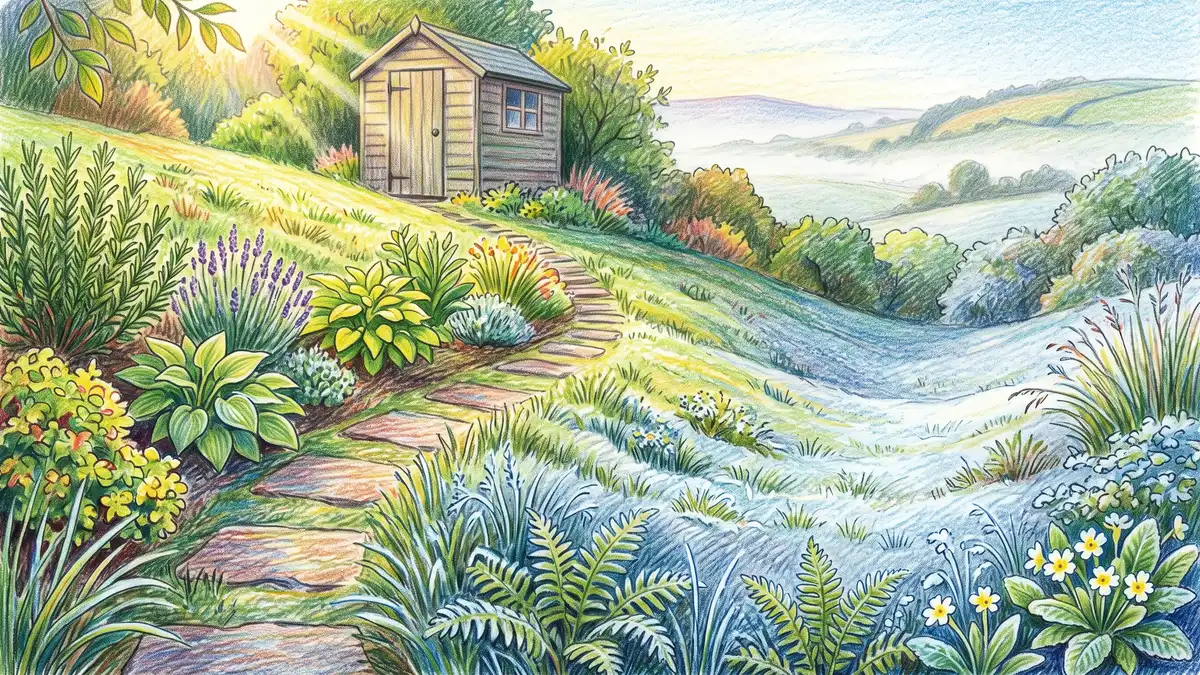 Pencil illustration of a sloped garden at dawn with frost pooling in the low hollow at the bottom while the upper slope stays green and clear