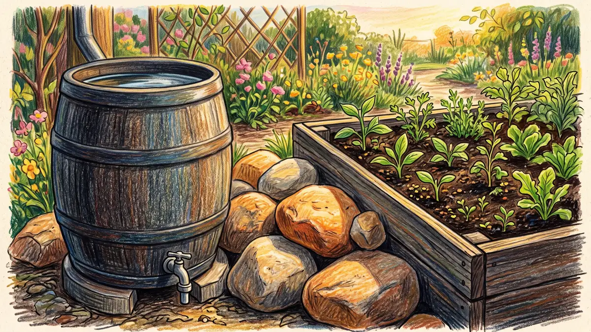 Pencil illustration of a dark water rain barrel and sun-warmed stones beside a raised garden bed, storing daytime heat as thermal mass