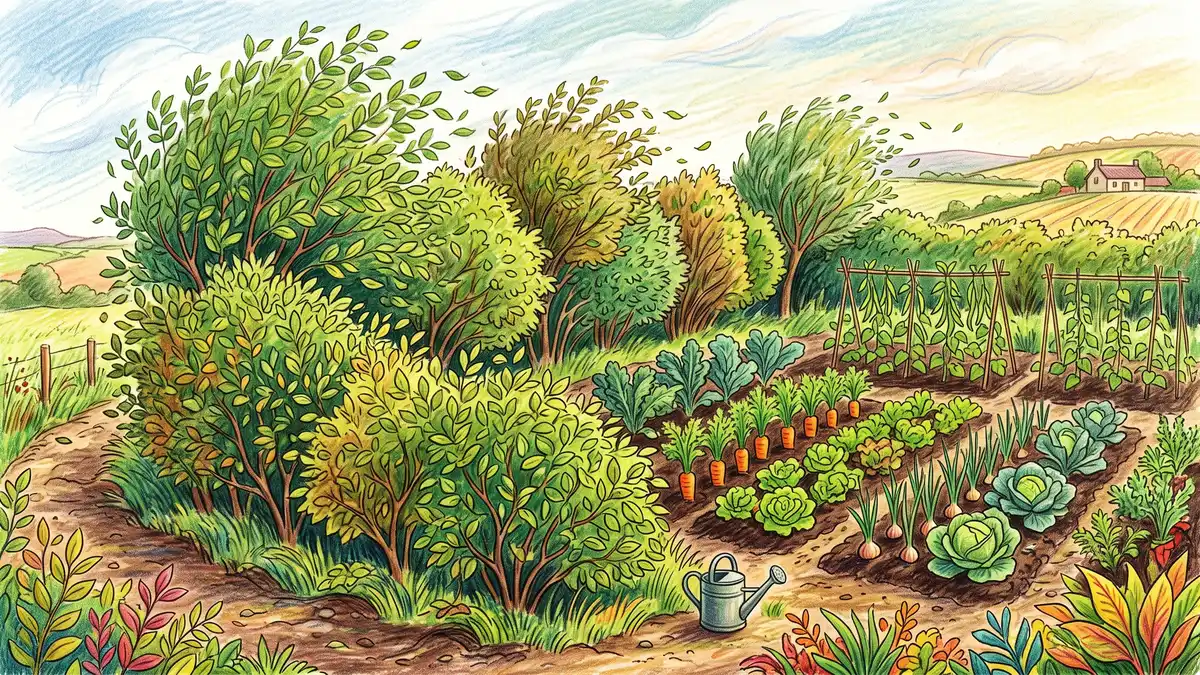 Pencil illustration of a living windbreak of shrubs and small trees sheltering a calm vegetable bed from wind
