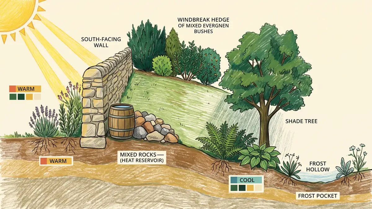Diagram of a garden's microclimate factors on a slope: south-facing wall and thermal mass in the warm zone, windbreak hedge, shade tree, and a frost pocket in the low hollow
