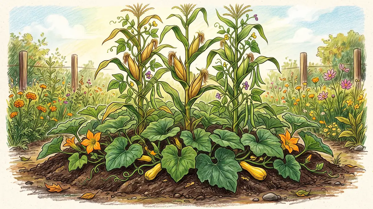 Pencil illustration of a Three Sisters planting mound with corn, climbing beans spiraling up the stalks, and squash spreading across the soil below