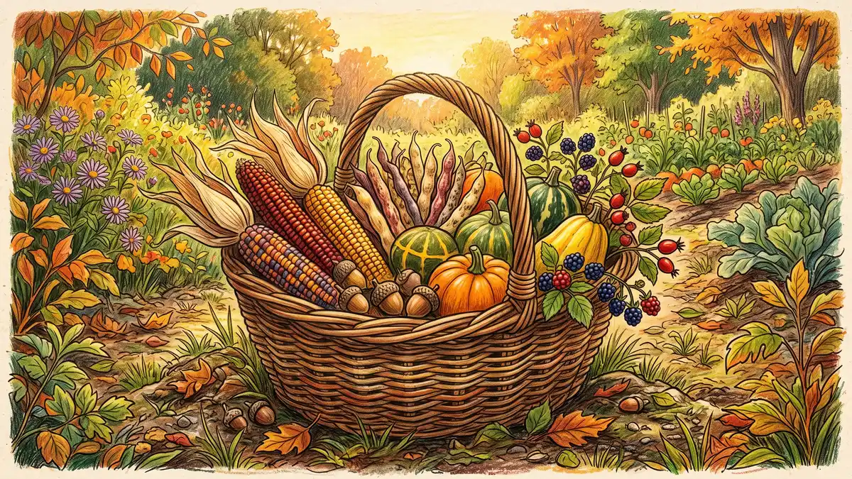 Pencil illustration of a woven basket brimming with multicolored heirloom corn, beans, squash, acorns, and berries resting on the ground