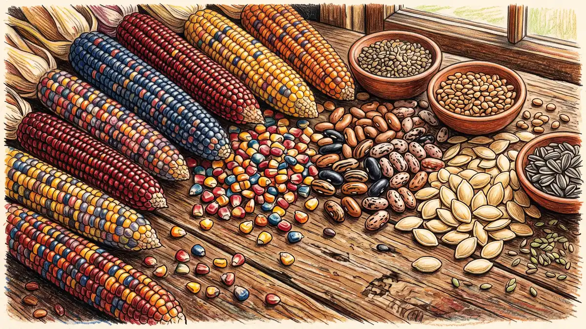 Pencil illustration of diverse multicolored heirloom corn cobs and saved seeds spread on a wooden surface, evoking seed saving and seed sovereignty