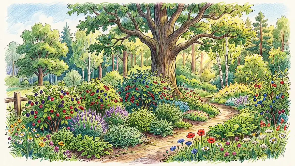 Pencil illustration of a tended, diverse edible woodland edge with an oak, berry shrubs, herbs, and wildflowers, a managed wild-food ecosystem