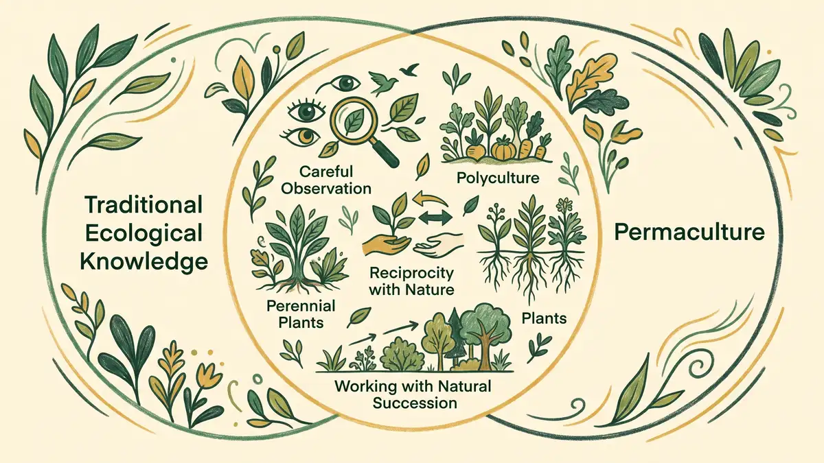Diagram of overlapping principles shared by Traditional Ecological Knowledge and permaculture: observation, polyculture, reciprocity, perennials, and working with succession